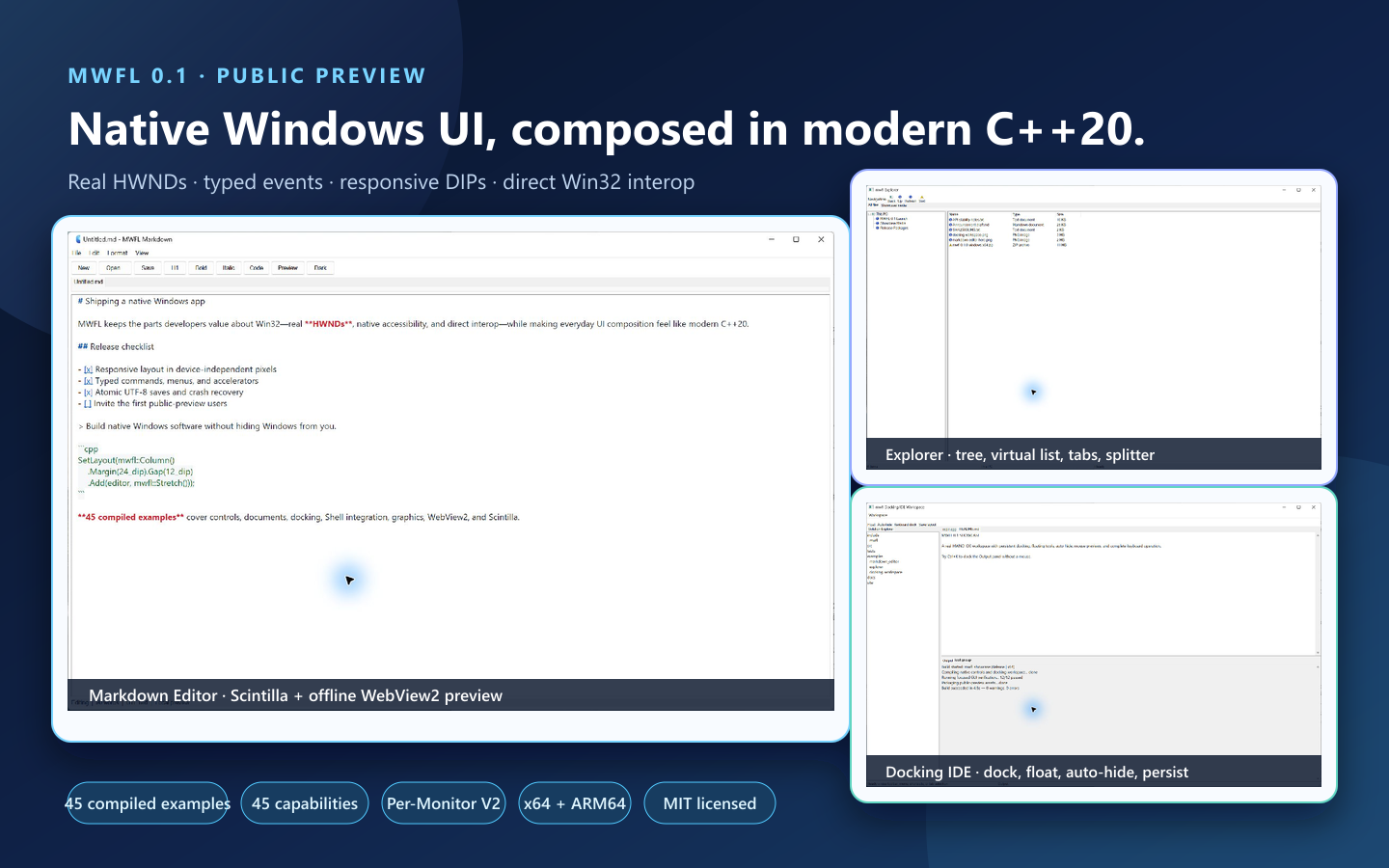 MWFL capability collage showing the Markdown Editor, Explorer, and Docking Workspace